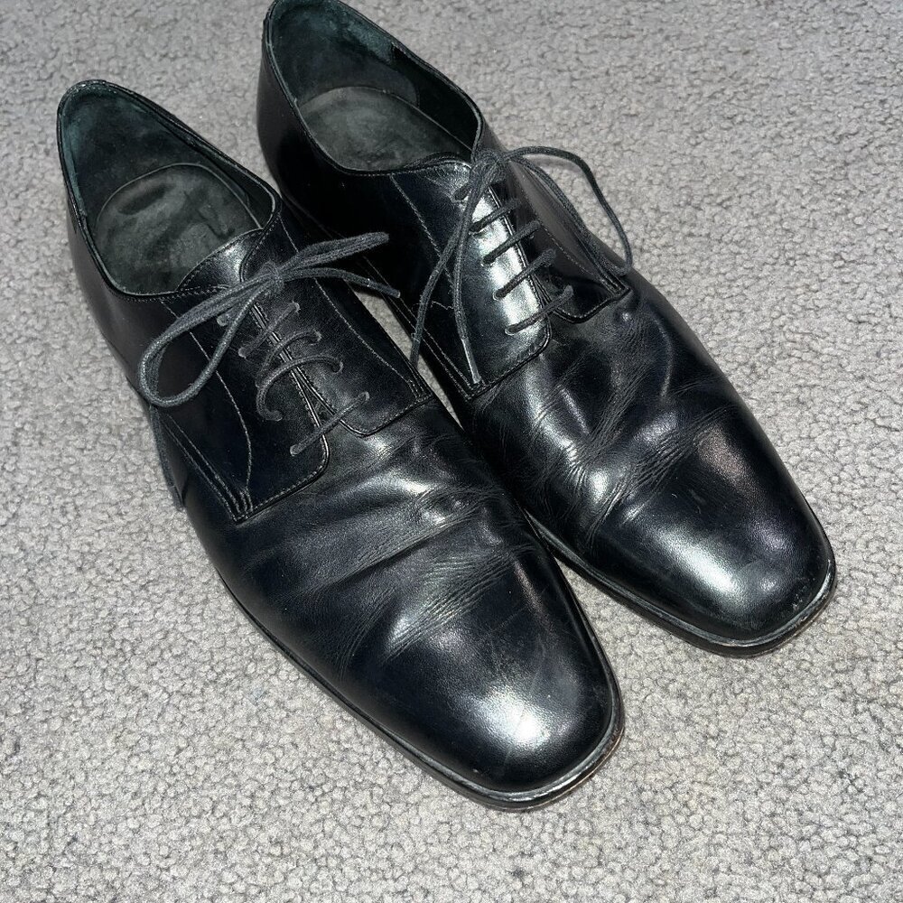HUGO BOSS Black Leather Lace Up Oxford Dress Shoes Office Formal Prom - EUC - 12